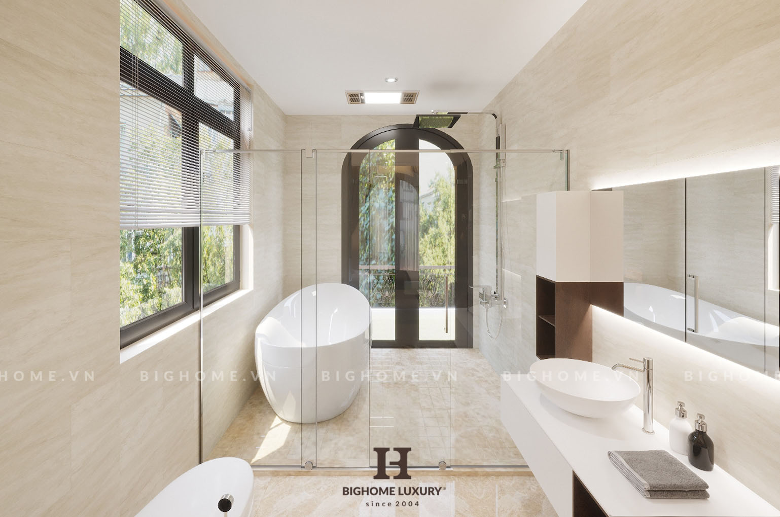 Thiết kế nội thất phòng tắm biệt thự Vinhomes Ocean đẳng cấp sử dụng chất liệu sứ cao cấp nhập khẩu kết hợp bệt điện tử thông minh nhập khẩu
