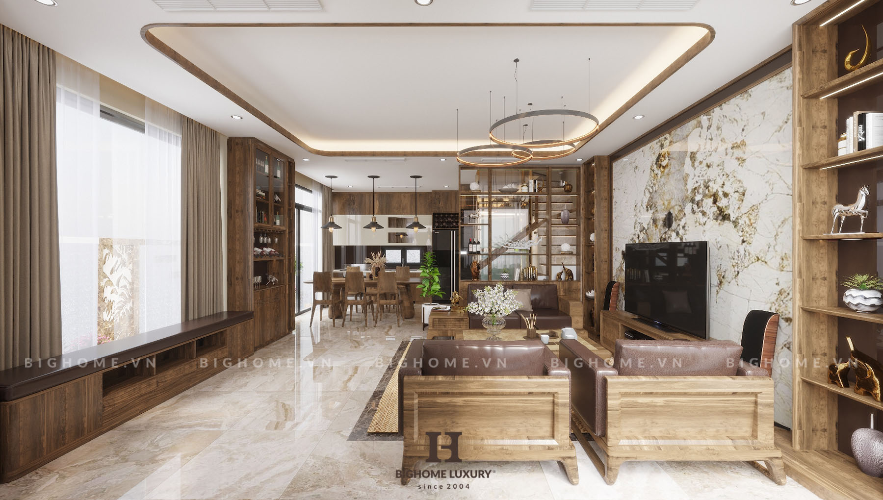 Thiết kế nội thất phòng khách nổi bật với mảng tường chính, kệ tivi làm bằng đá thạch anh cao cấp kết hợp chất liệu quý là gỗ óc chó 
