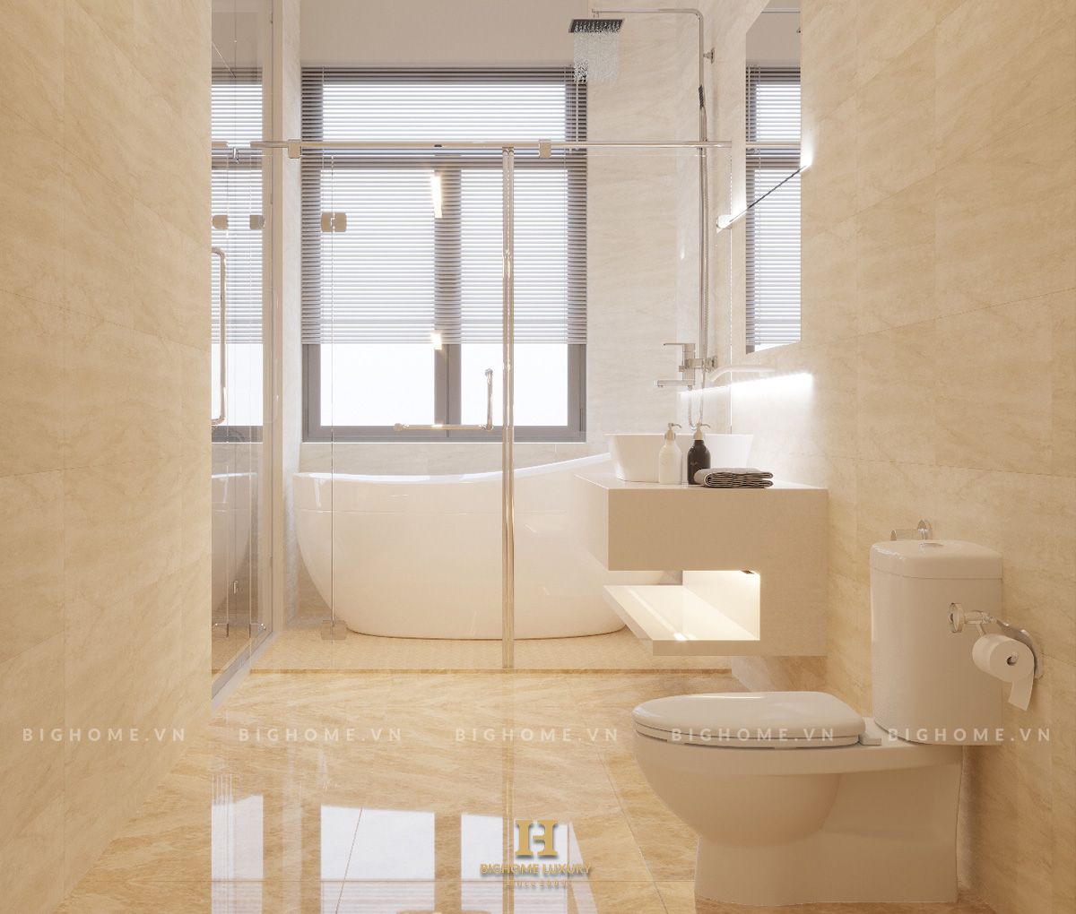 Điểm cộng trong thiết kế nội thất phòng tắm biệt thự Vinhomes Ocean Park là phòng tắm với bồn tắm thư giãn cao cấp, căn phòng sử dụng đá tự nhiên nhập khẩu với gam màu be sang trọng. 