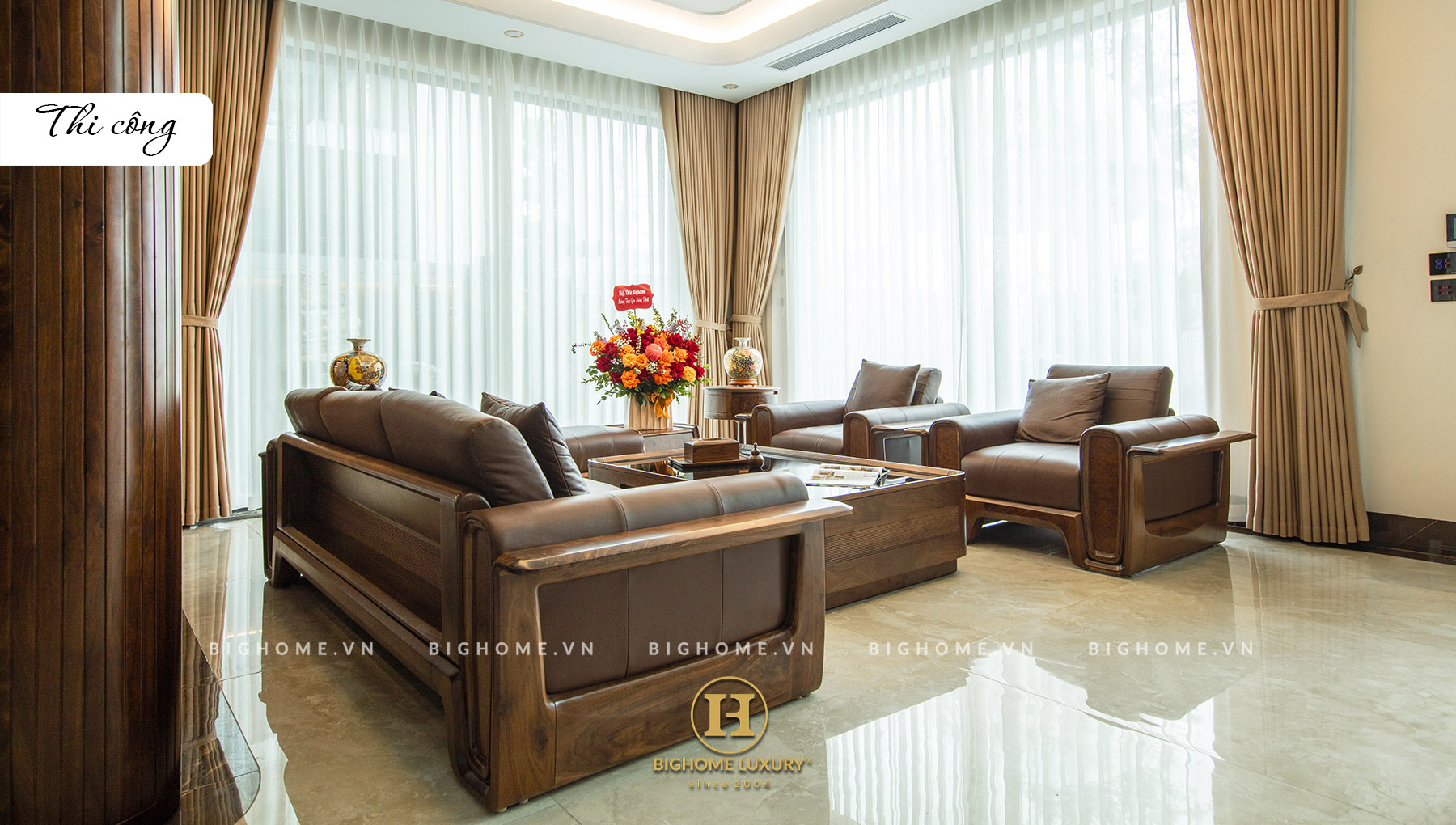 NỘI THẤT BIỆT THỰ GỖ ÓC CHÓ OCEAN PARK: Thi công đẹp hơn thiết kế 3D